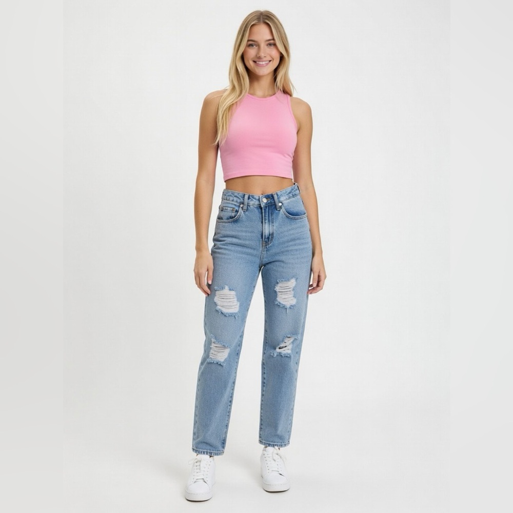 SHEIN Light Blue Distressed Straight Leg Jeans
